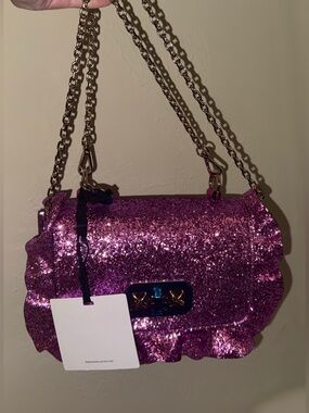 Brand New,WT,Red Valentino Garavani Purple Glitter Chain Bag,RED(V) collection.